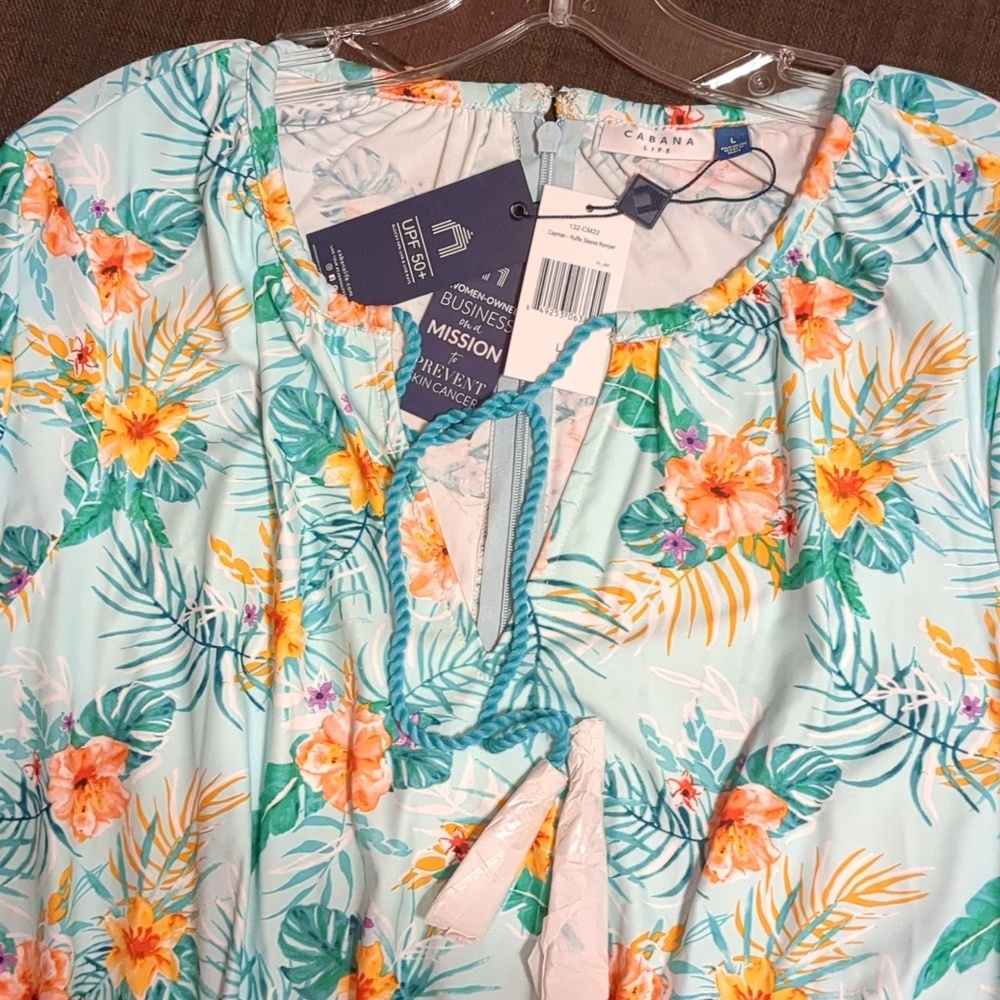 CABANA LIFE Floral/Cayman-Ruffle 3/4 Sleeves-Pockets-Tassels V Neck- UPF50+ - Picture 3 of 12